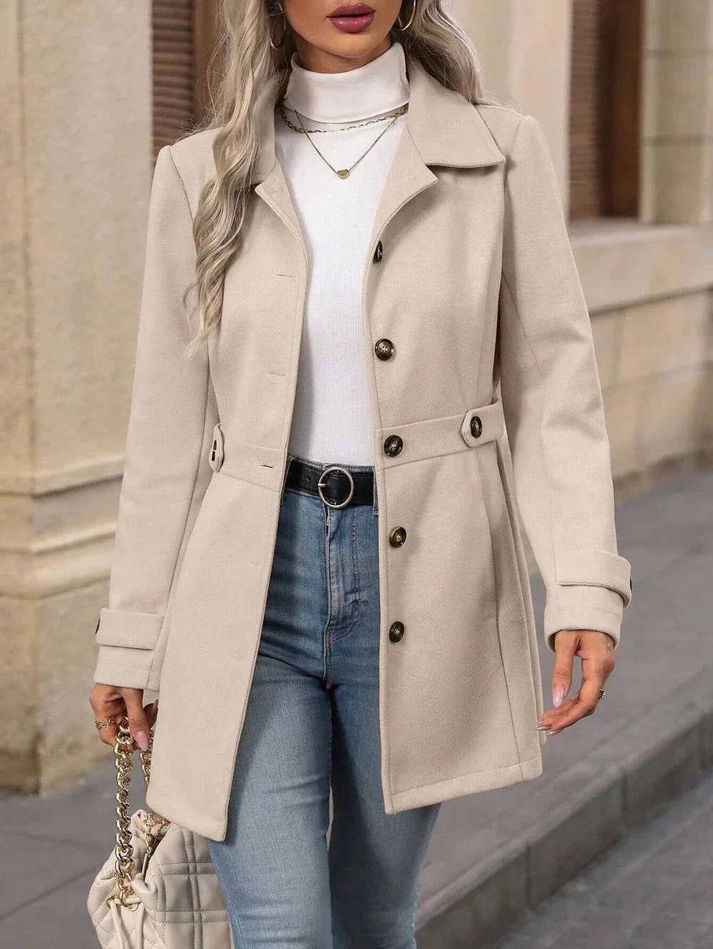 Woman wearing beige buttoned coat with belt detail, white turtleneck, blue jeans, and gold necklace
