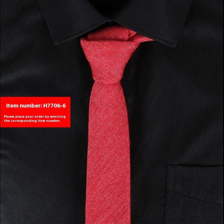 Red textured tie on black collared shirt with item number H7706-6 label