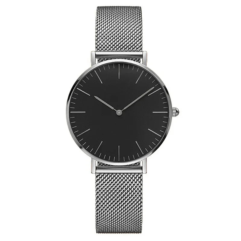 Minimalist wristwatch with black dial and silver mesh stainless steel band