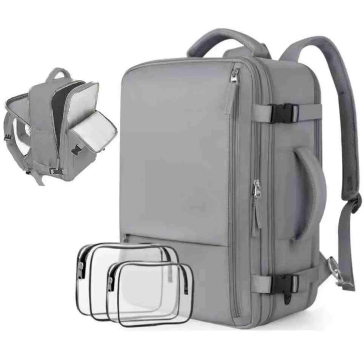 modern grey travel backpack with multiple compartments and two transparent packing cubes