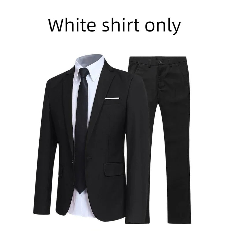 Black men's suit with trousers, white dress shirt, and black tie on white background