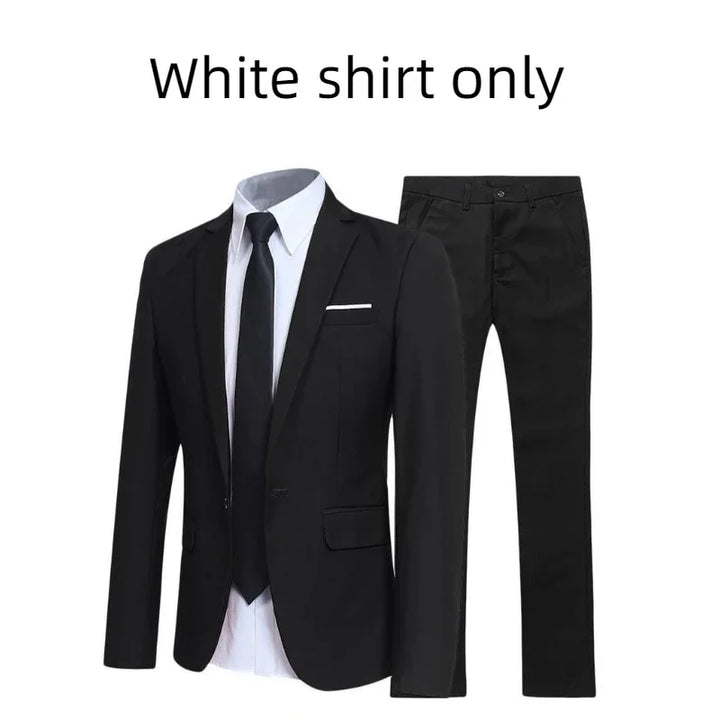 Black men's suit with trousers, white dress shirt, and black tie on white background