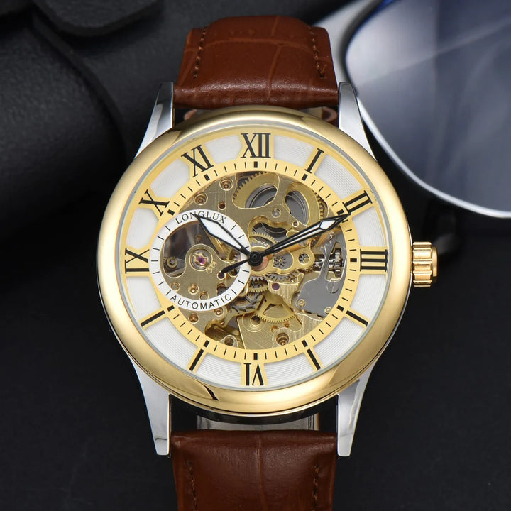 Luxury automatic wristwatch with gold skeleton dial, Roman numerals, and brown leather strap