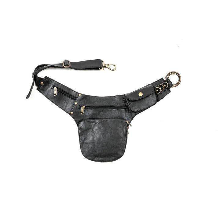 Black multi-pocket leather hip bag with gold zippers, button, and adjustable strap on white background