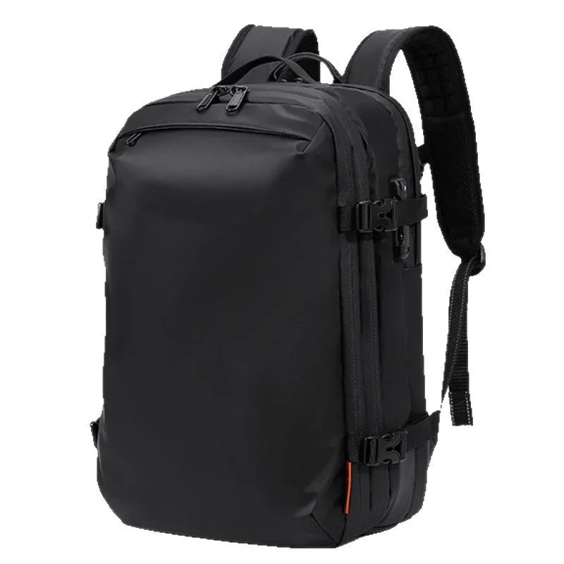 Modern black travel backpack with multiple zippered compartments and padded shoulder straps