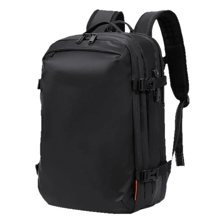 Modern black travel backpack with multiple zippered compartments and padded shoulder straps
