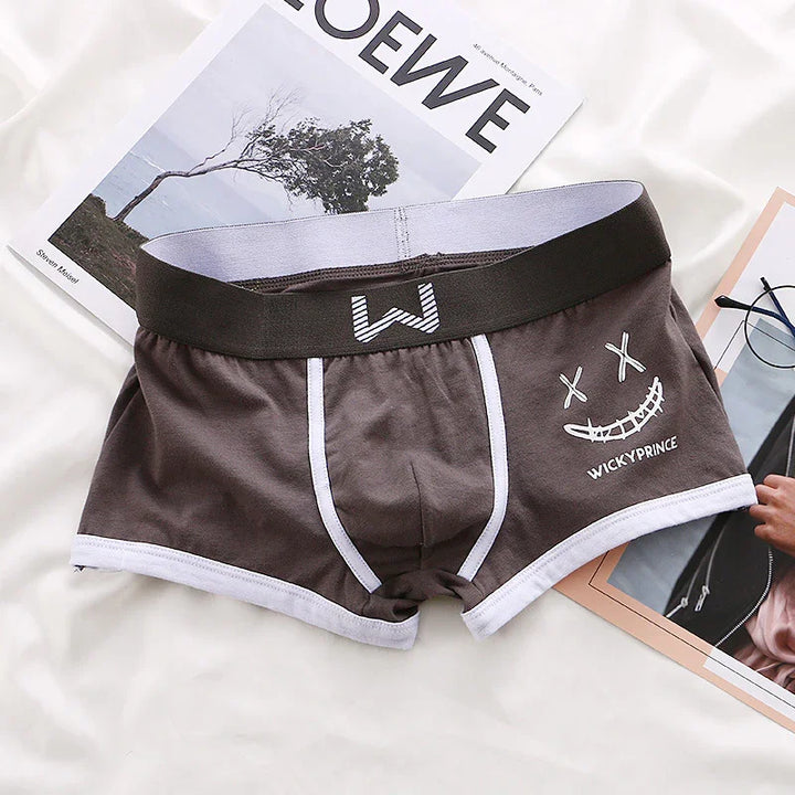 Brown men's boxer briefs with white trim and WICKY PRINCE smiling face design on white surface