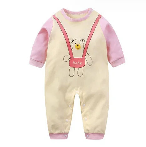 Baby romper with pink sleeves, yellow body, cute bear graphic, and snap buttons for easy changing