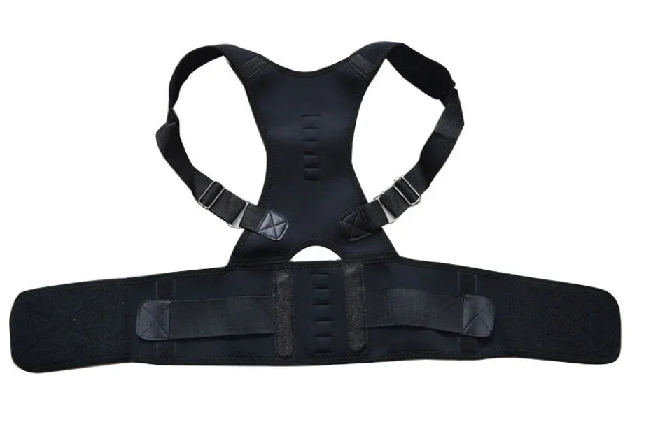 Black adjustable posture corrector back brace with straps and velcro on white background