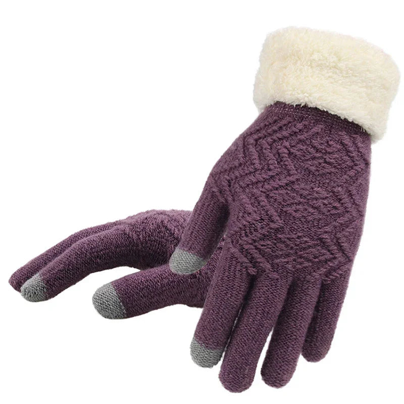 Purple knit winter gloves with gray touchscreen fingertips and white fleece cuffs