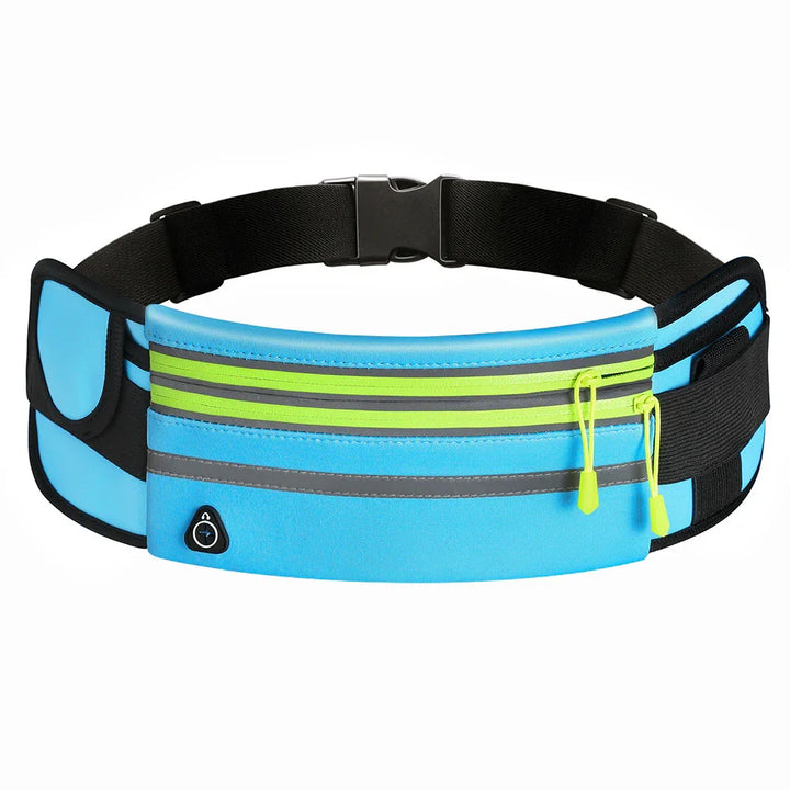 Blue running belt with lime green zipper pullers, reflective stripes, and black adjustable strap