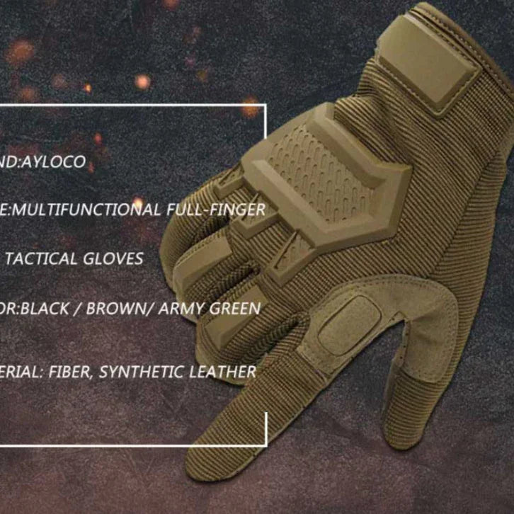 Army green multifunctional full-finger tactical glove with fiber and synthetic leather protection