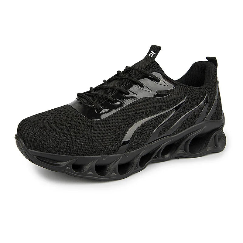 black lightweight sports running shoe with breathable mesh and unique hollow sole design
