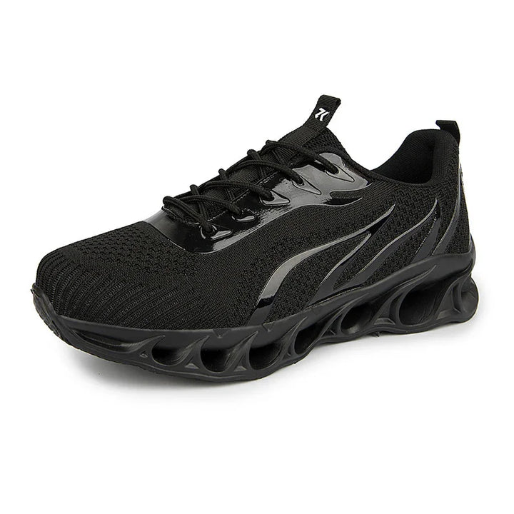 black lightweight sports running shoe with breathable mesh and unique hollow sole design