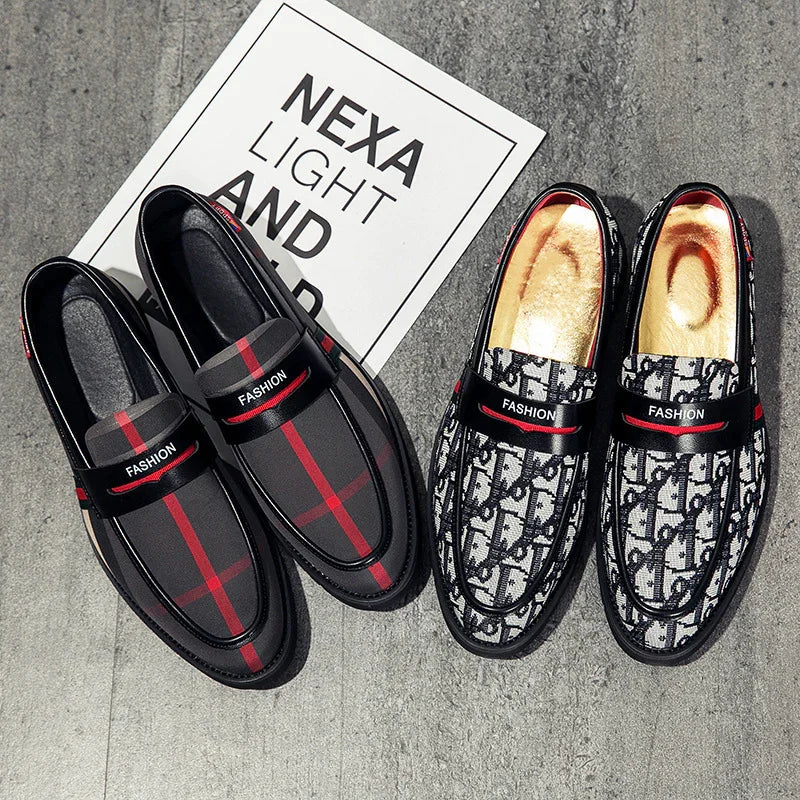 Pair of stylish men's loafers with 'FASHION' label; one black with red stripes, one patterned gray and black