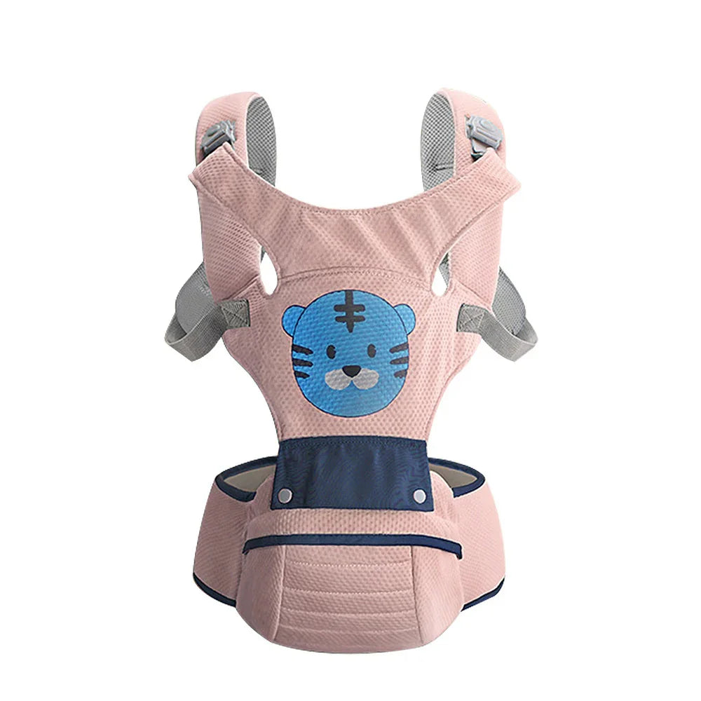 Pink baby carrier with blue tiger face design and adjustable shoulder straps
