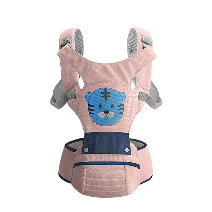 Pink baby carrier with blue tiger face design and adjustable shoulder straps
