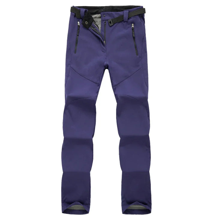 Men's purple outdoor hiking pants with zipper pockets and adjustable belt on white background
