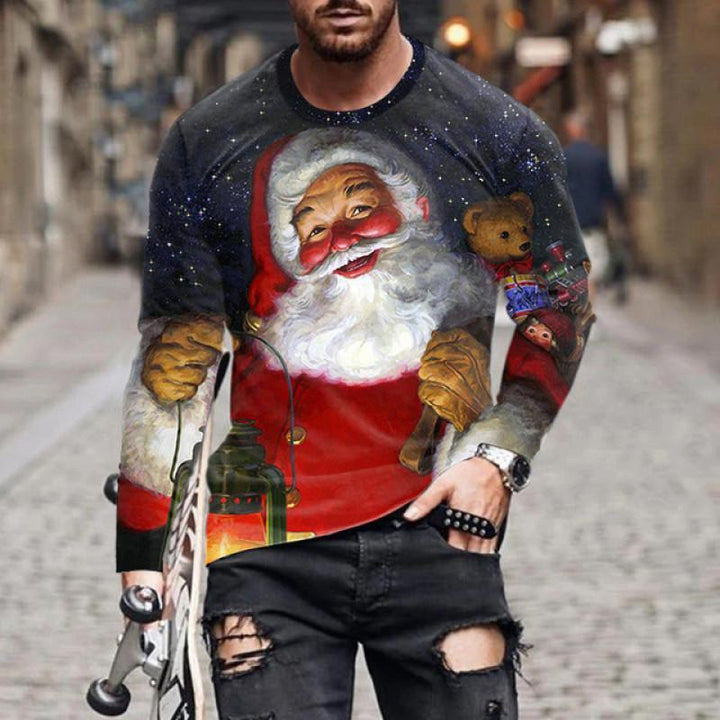 Man wearing festive Santa Claus Christmas sweater holding skateboard on cobblestone street