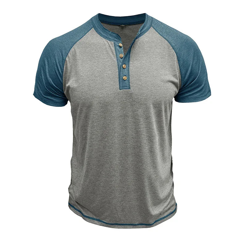 Men's casual henley t-shirt with grey body, blue raglan sleeves, and wooden buttons