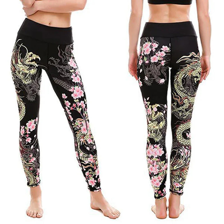 Black leggings with colorful dragon and pink floral print, high-waisted athletic wear for women