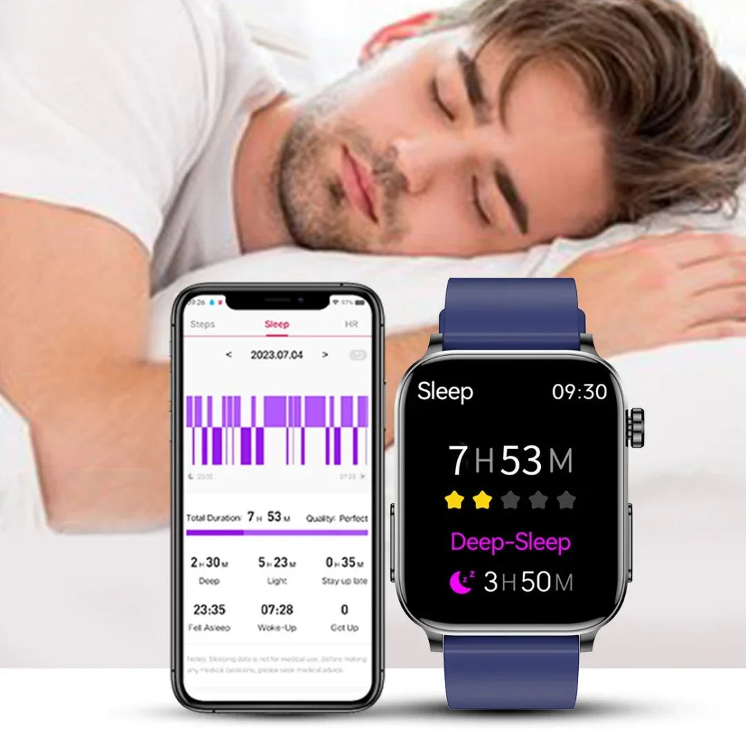 Man sleeping with smartwatch and phone showing 7h 53m sleep tracking and deep sleep data