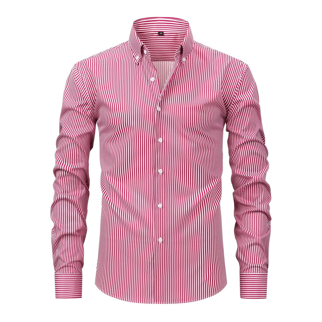 Men's slim-fit red and white vertical striped button-down dress shirt with long sleeves