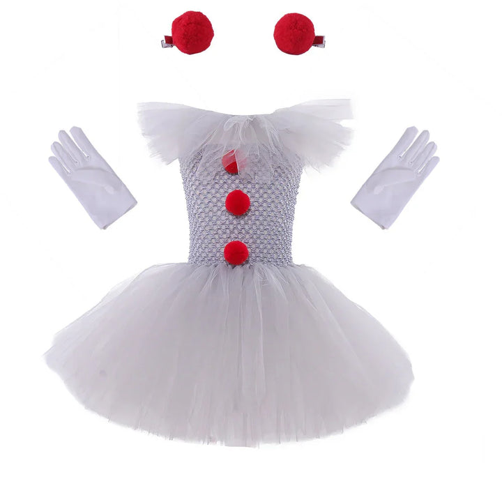 White tutu clown costume dress with red pom pom buttons, matching red hair clips, and white gloves
