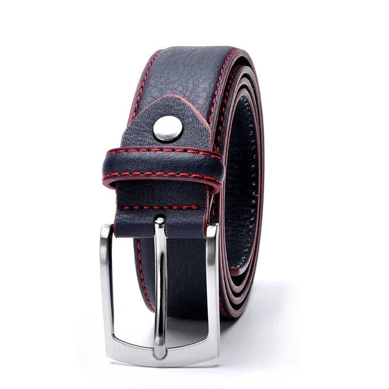 Black leather belt with red stitching and silver buckle rolled on white background