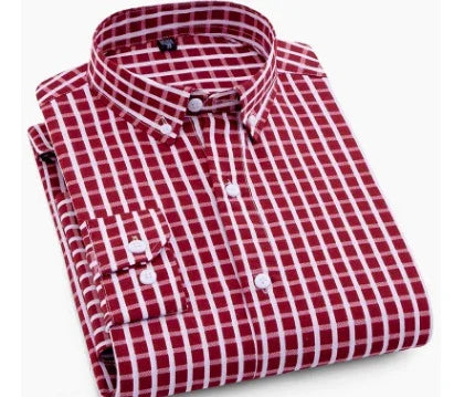 Folded red and white checkered button-down dress shirt with buttoned collar