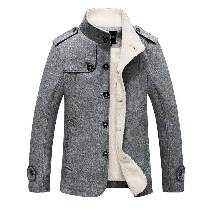 Gray wool winter jacket with black buttons and white fleece lining, military-style epaulets