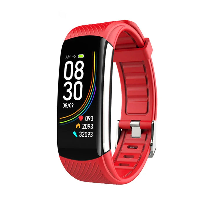 Red fitness tracker smartwatch displaying time, date, heart rate, calories burned, and steps on screen