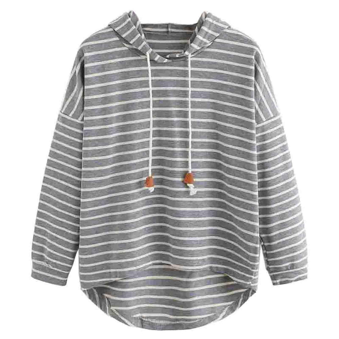 Gray and white striped hoodie with long sleeves and drawstrings with wooden beads
