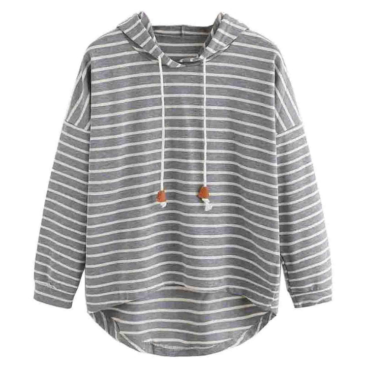Gray and white striped hoodie with long sleeves and drawstrings with wooden beads