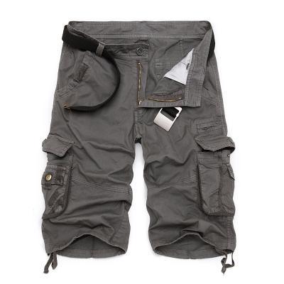 Gray cargo shorts with multiple pockets and adjustable drawstrings, laid flat on white background