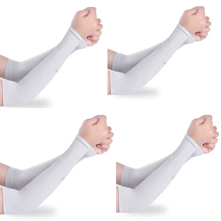 Set of four light gray protective arm sleeves worn on forearms with fists clenched on white background