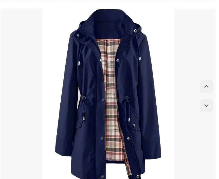 Navy blue hooded raincoat with plaid inner lining and adjustable waist drawstrings