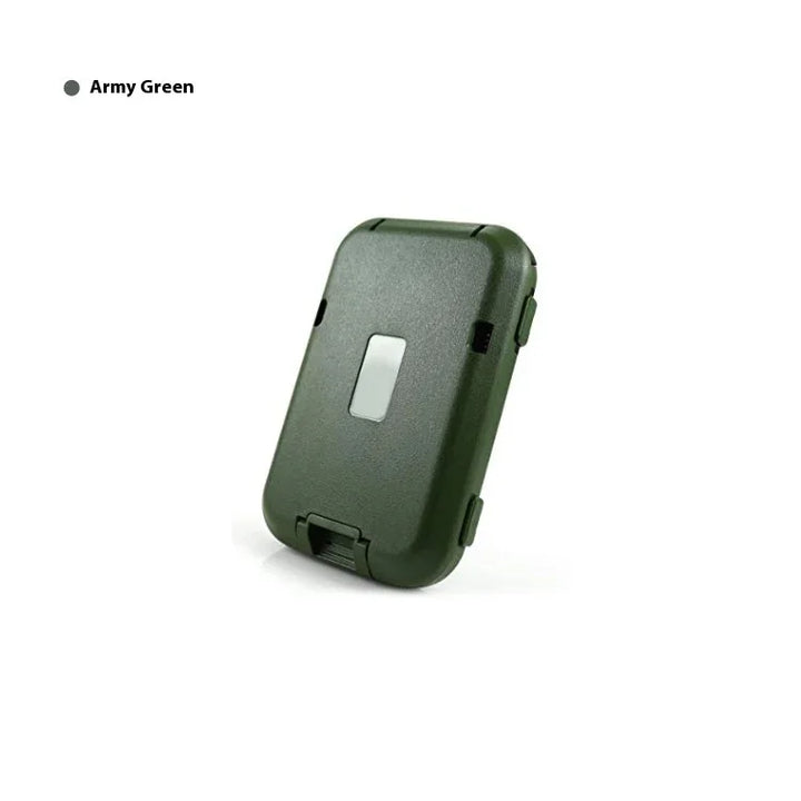 Army green compact protective case with latch and central silver detail on white background