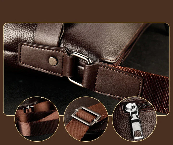 Close-up of brown leather bag strap with metal buckle, adjustable strap, and zipper detail