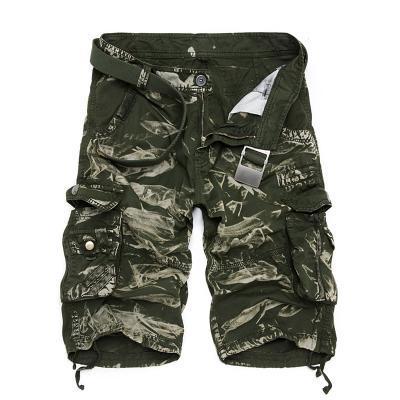 green men’s cargo shorts with camouflage print, multiple pockets, and adjustable waistband buckle