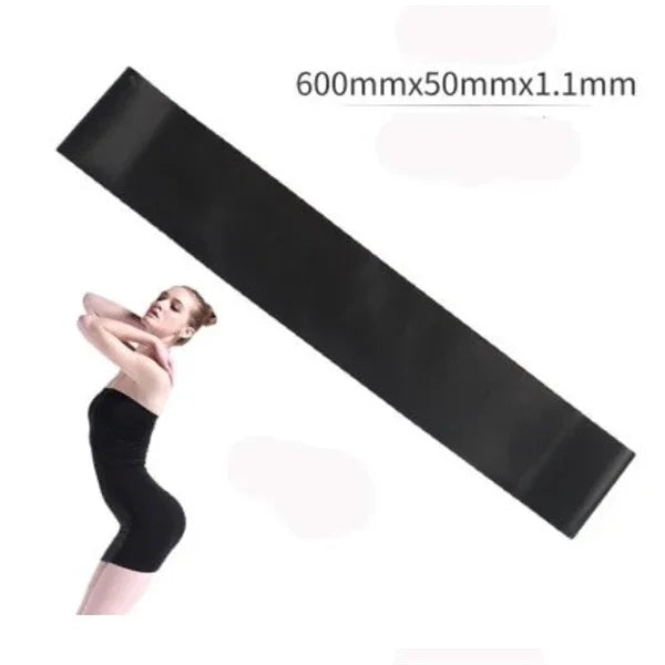 Black resistance band 600mm x 50mm x 1.1mm with woman in workout pose