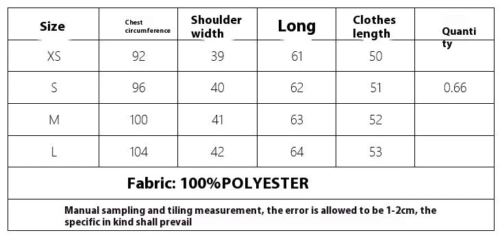 Clothing size chart with measurements for chest, shoulder width, length in XS to L, fabric 100% polyester