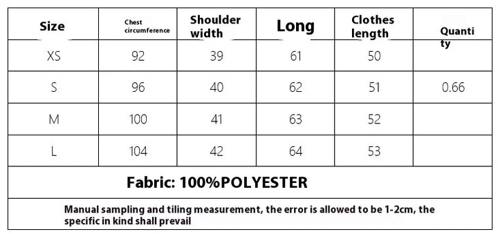 Clothing size chart with measurements for chest, shoulder width, length in XS to L, fabric 100% polyester