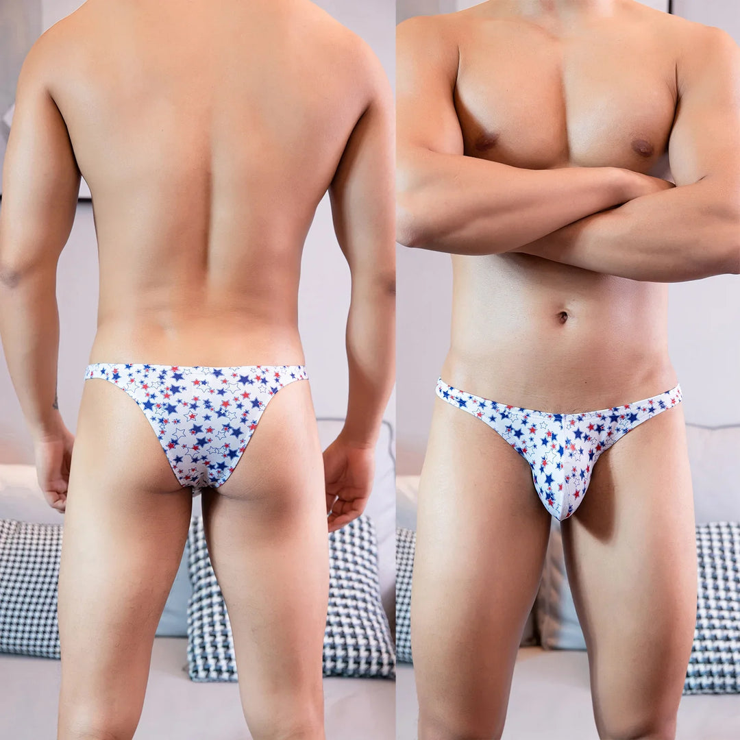 Front and back views of a man wearing star-patterned white men's bikini underwear in a modern indoor setting