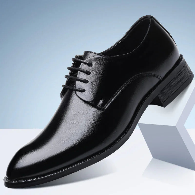 Sleek black leather men's dress shoe with lace-up design on geometric white and blue background