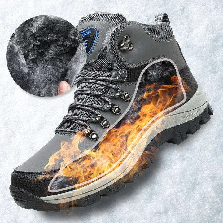 Gray outdoor winter hiking boot with warm fleece lining and fire graphic showing insulation