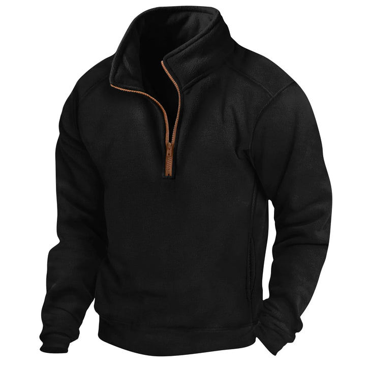 Black fleece pullover jacket with brown quarter zipper and high collar