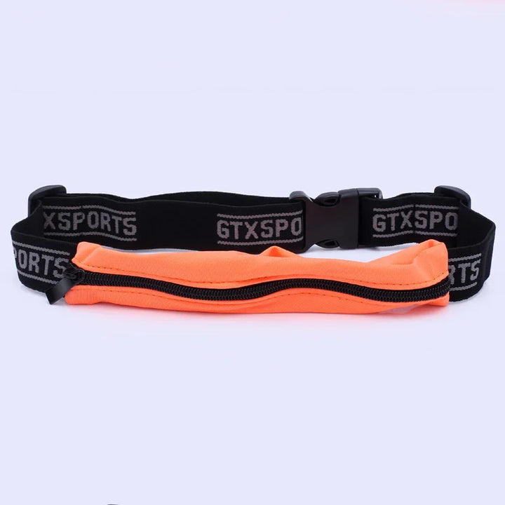 Orange running belt with black zipper and adjustable GTXSPORTS branded strap