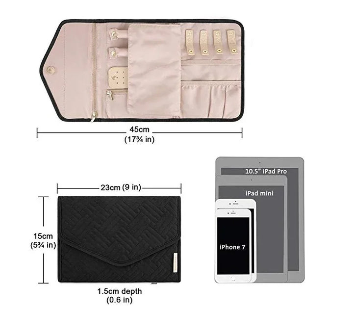 Black organizer pouch with 45cm width, 15cm height, 1.5cm depth, shown open with compartments and closed alongside iPhone 7, iPad mini, 10.5" iPad Pro for size comparison