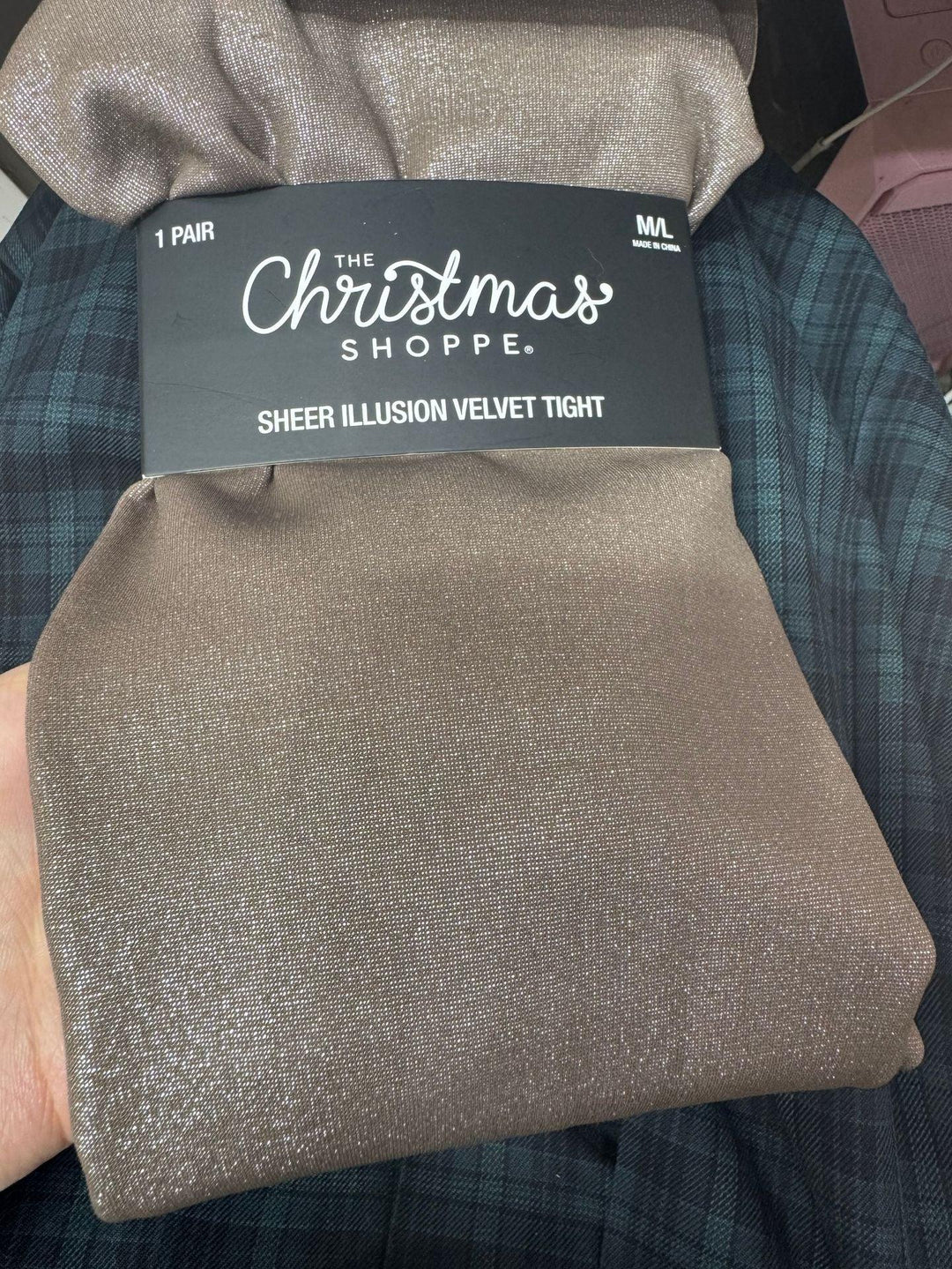 The Christmas Shoppe sheer illusion velvet tight in shimmery bronze brown, size M/L, retail packaging